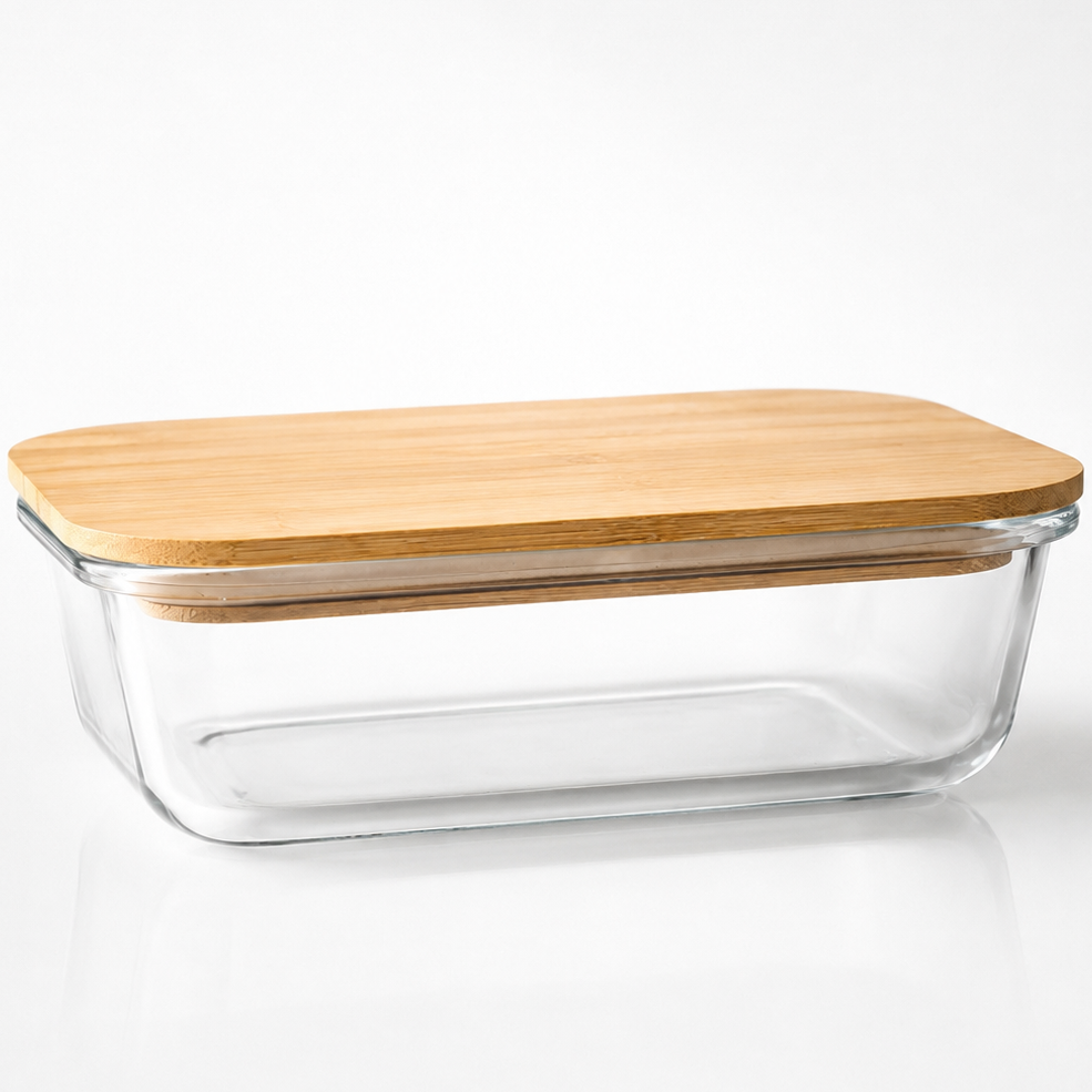 A rectangular clear glass storage container with a light natural bamboo lid, shown on a clean white background.