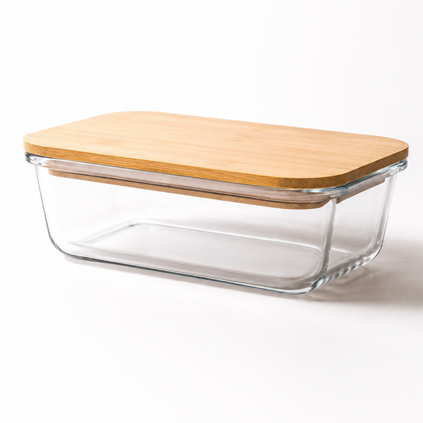 A rectangular glass storage container with a light natural wood lid, photographed on a clean white background.