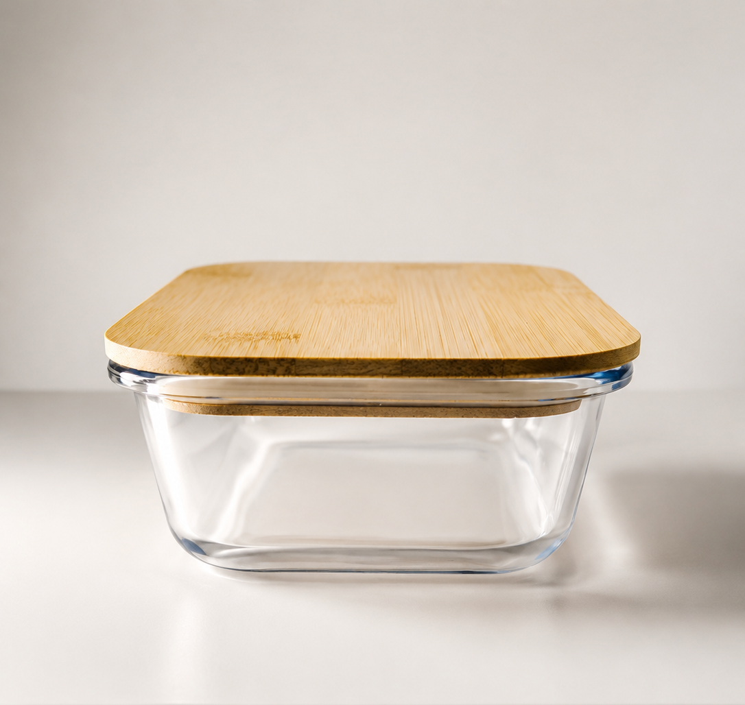 Clear glass storage container with a square bamboo lid, sitting on a white tabletop against a light gray background.