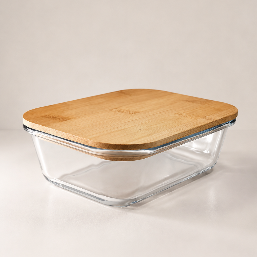 A clear glass storage container with a square shape and a light natural bamboo lid, resting on a white tabletop against a neutral beige background.