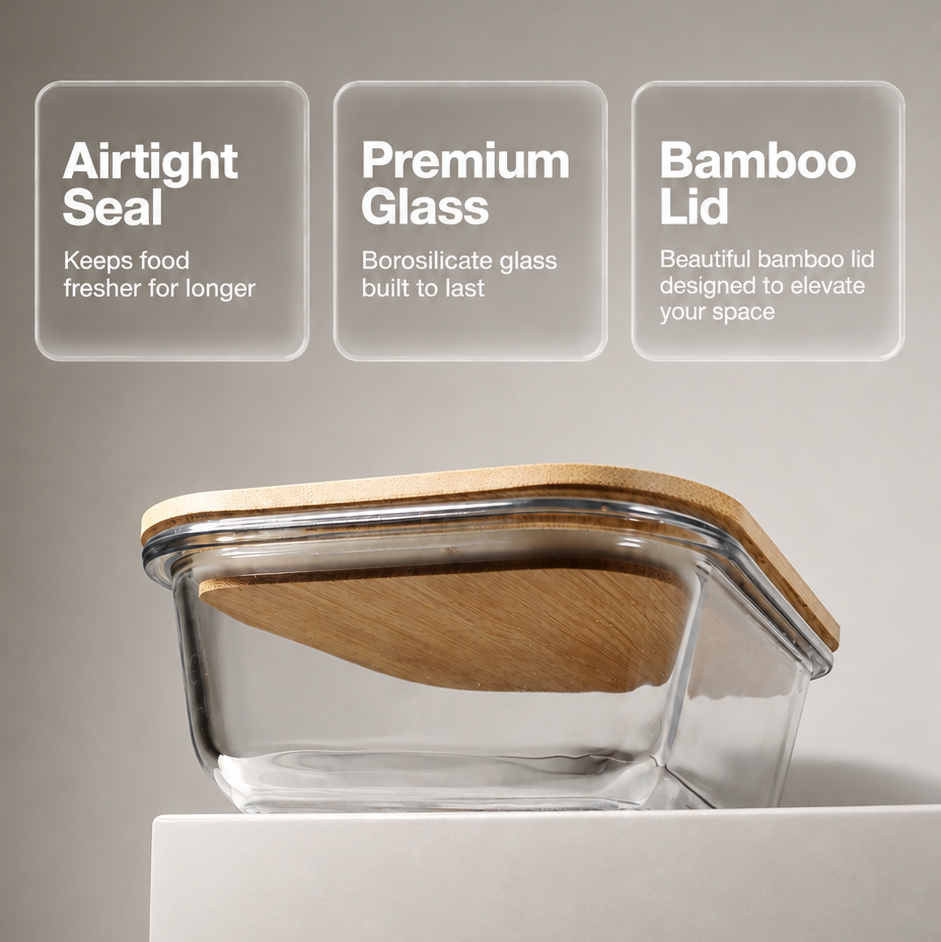 A rectangular clear glass food storage container with a bamboo lid, displayed on a white pedestal against a light gray background. Three feature callout boxes at the top highlight the container's features: 'Airtight Seal', 'Premium Glass', and 'Bamboo Lid'.